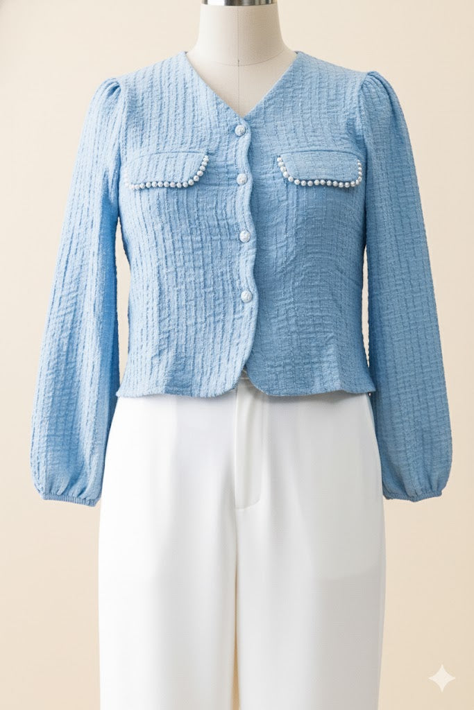 Pearl Trim Textured Knit Cardigan!