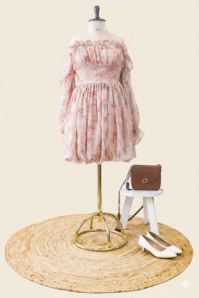 Blushing Bloom Off-Shoulder Mini Dress!