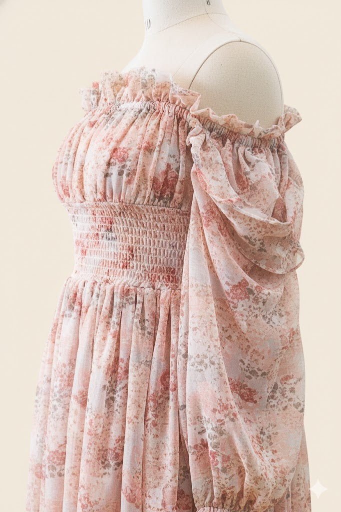 Blushing Bloom Off-Shoulder Mini Dress!