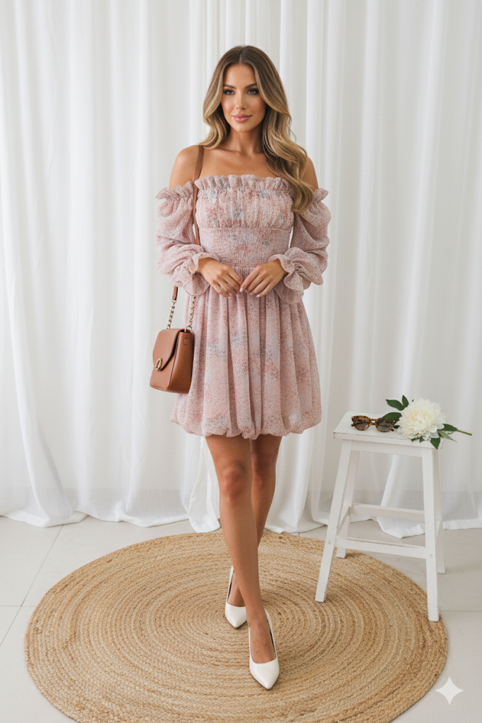 Blushing Bloom Off-Shoulder Mini Dress!