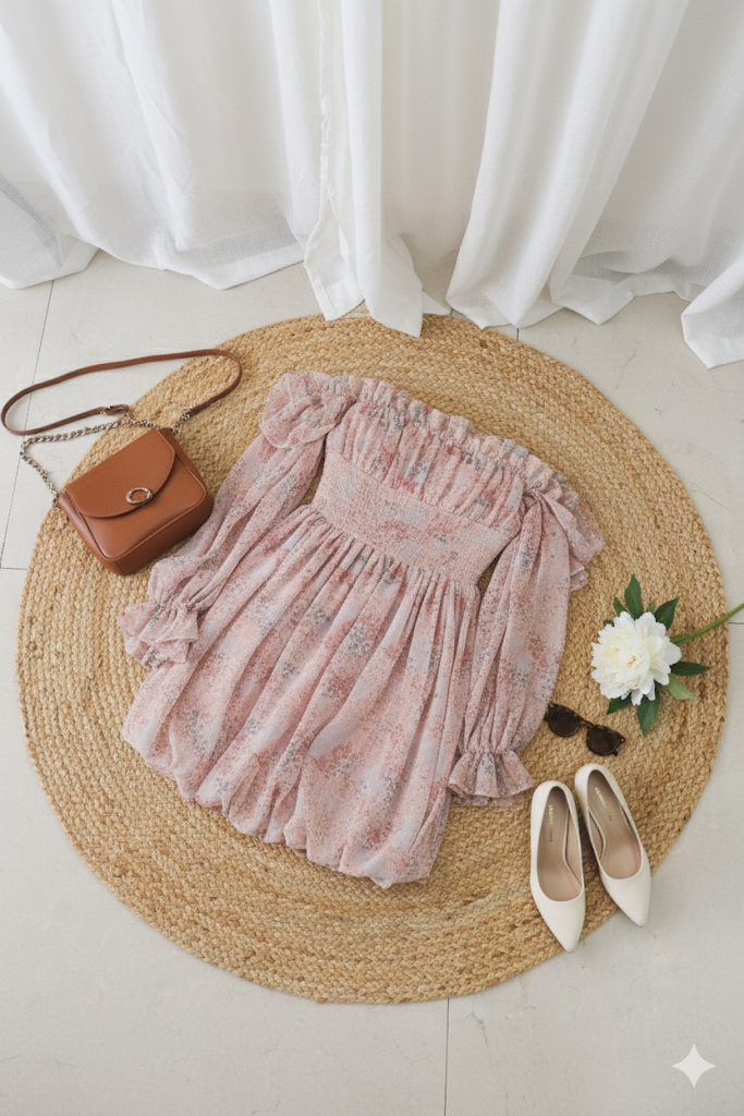Blushing Bloom Off-Shoulder Mini Dress!
