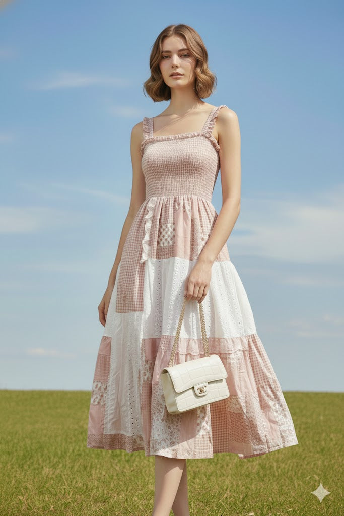 Sweetheart Gingham & Lace Midi Dress!